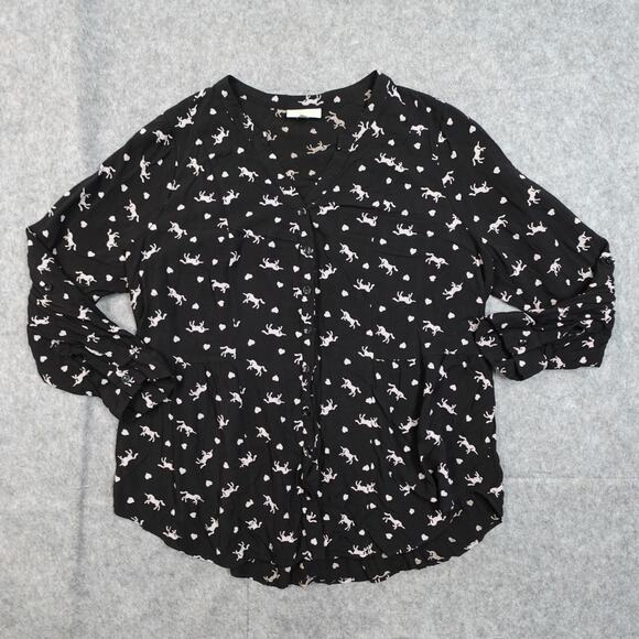 ModCloth Top Womens 1X Unicorn Print Long Sleeve Blouse Black Novelty - Picture 1 of 9